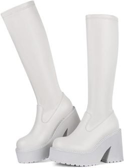 Chunky Block High Heel Boots (White)