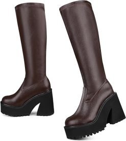 Chunky Block High Heel Boots (Brown)